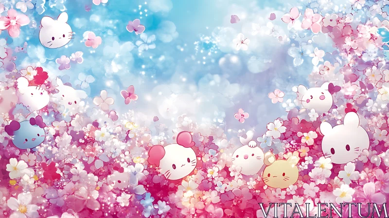 Pastel chibi animal faces drift through luminous cherry petals