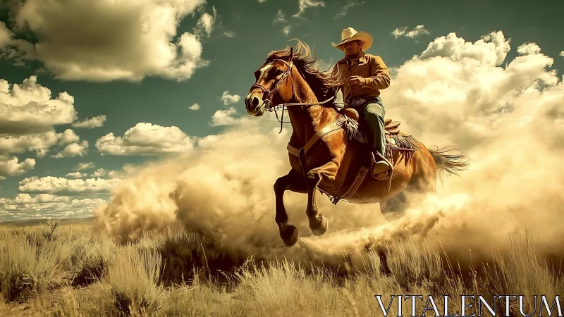Western cowboy galloping through golden dust clouds at speed.