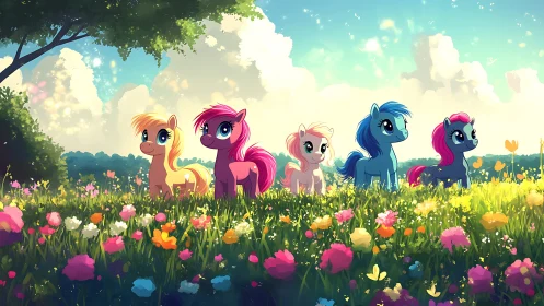 Colorful cartoon ponies exploring a sunlit flower meadow.
