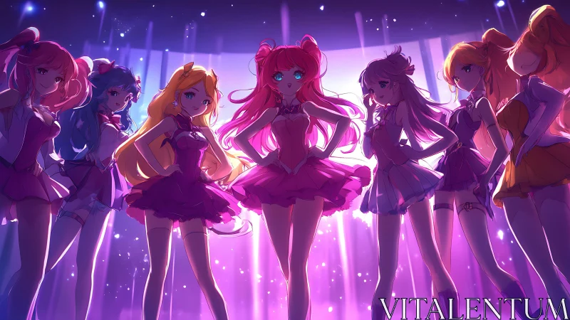 Radiant anime idols glowing together on a sparkling stage.