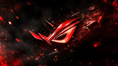 Red gaming emblem on shattered dark abstract background.