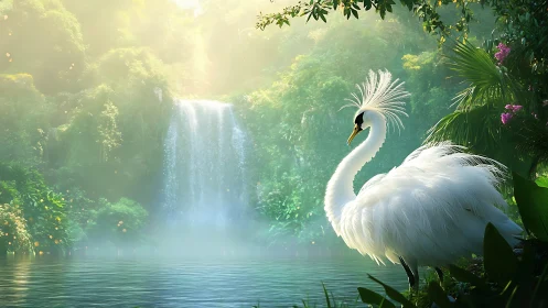High-key tropical waterfall scene with crest-plumed white egret