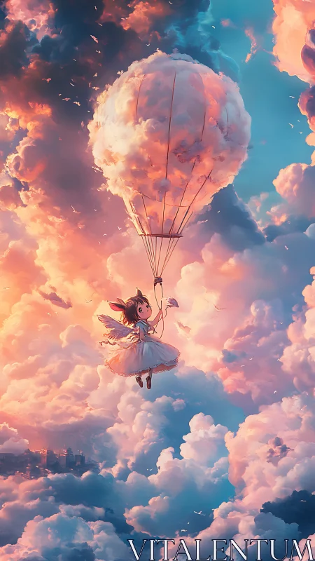 Child in white dress ascends skyward beneath cloud balloon