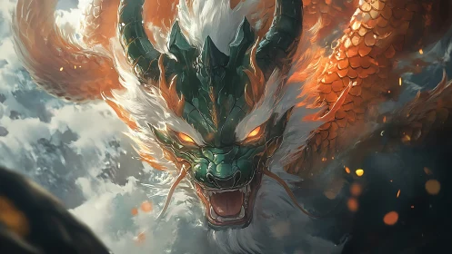 Dragon head emerges with glowing eyes and segmented scales