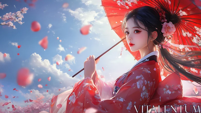 Digital anime portrait under red parasol uses dynamic petal motion