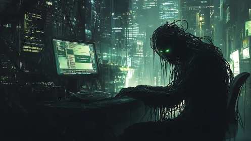 Neon tendril hacker bends the city grid to eerie will