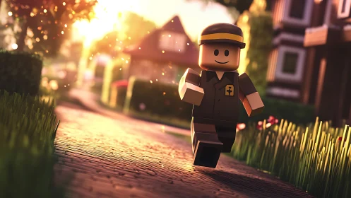 Lego-style delivery worker runs along sunlit suburban path