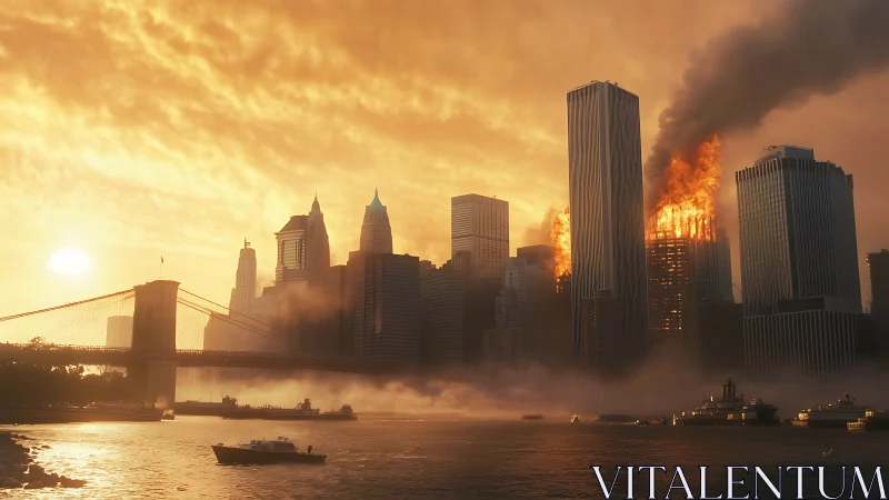 Fiery skyscraper engulfs a foggy city skyline at sunset