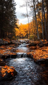 Amber leaves tumble as the forest stream threads through stone