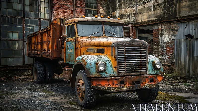 Rusting orange dump truck stands in decayed industrial yard