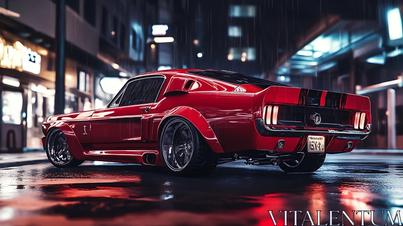 Red muscle car glows under neon lights on wet city street.