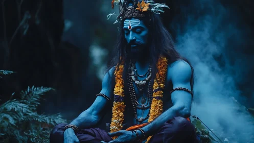 Mystic blue ascetic in smoky forest meditation scene.