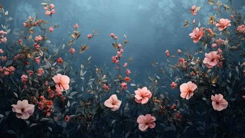 Pink Floral Garden Against Deep Blue Sky Background