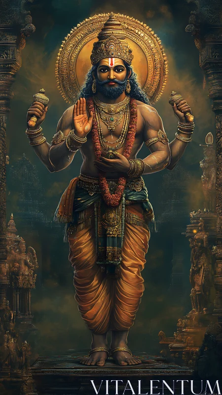 Radiant temple guardian stands wrapped in molten gold silence