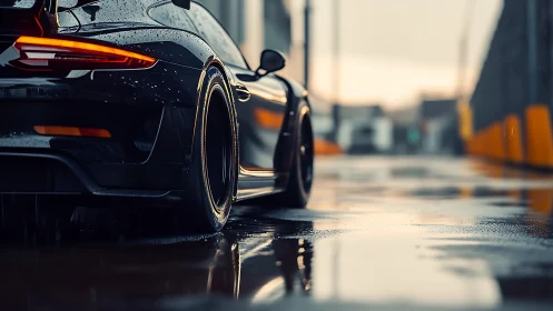 Rear view shows wet race car on reflective track surface