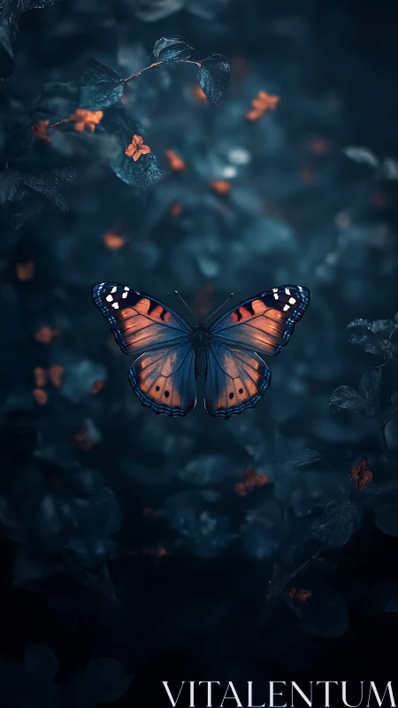 Monarch butterfly glows above teal foliage in night garden.