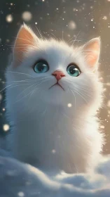 Ethereal White Cat with Turquoise Eyes in Magical Winter Setting.