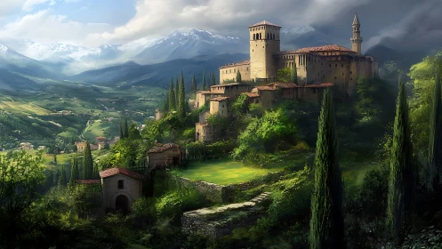 Hilltop fortress above sunlit valley and snowy peaks.