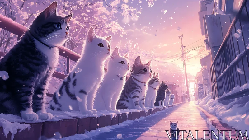 Seven Felines Hold Court Over Twilight's Purple Threshold
