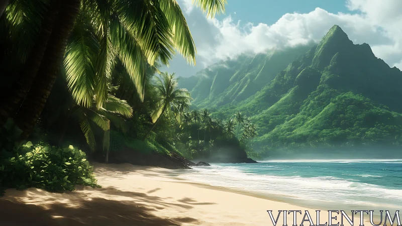 Paradise Beach: Where Misty Mountains Meet Tropical Shores.