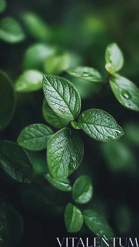 Emerald leaf cluster gleams softly in moody forest hush.