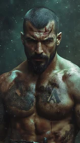 Battle-worn warrior standing strong in the storm light.