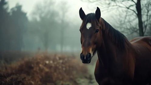Bay horse with star marking in shallow depth foggy woodland