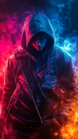 Hooded urban assassin framed by dual neon fire gradients