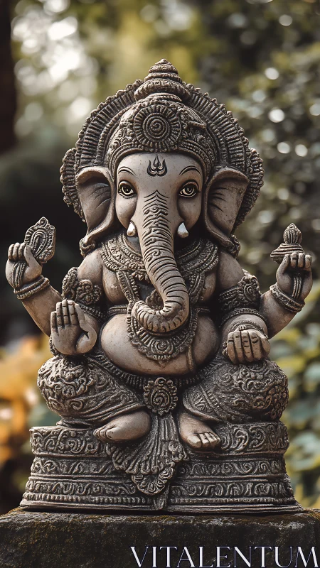 Stone Ganesha sculpture sits on pedestal amid soft foliage