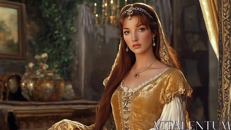 Renaissance style woman seated in ornate interior setting.