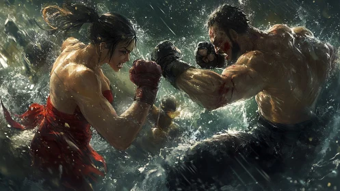 Intense underwater boxing match with muscular fighters.