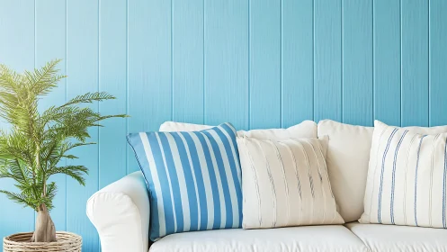White sofa with striped cushions set against blue paneled wall