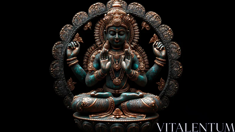 Celestial bronze deity in teal twilight meditation ring.