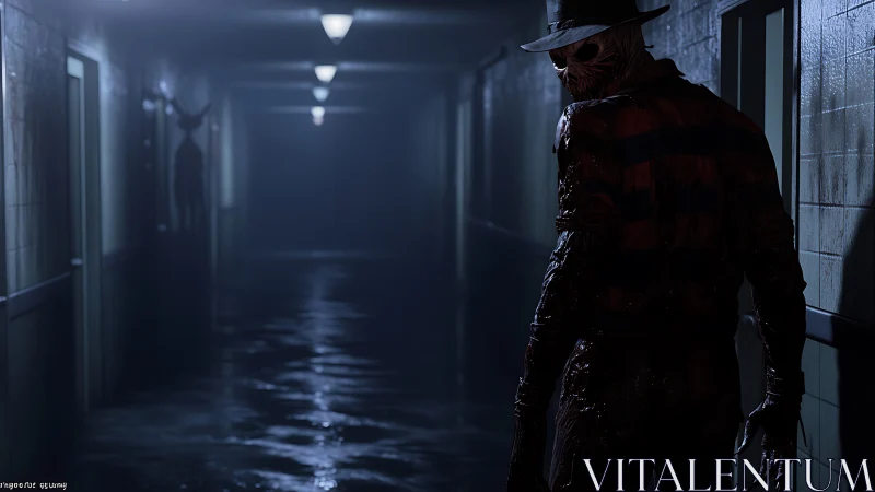 Horror figure stalks flooded corridor under dim ceiling lights
