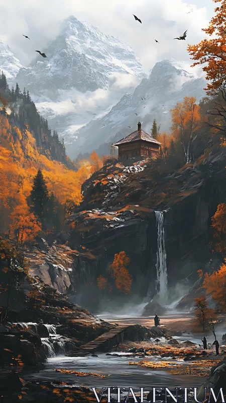 Mountain cabin above waterfall in autumn forest landscape.
