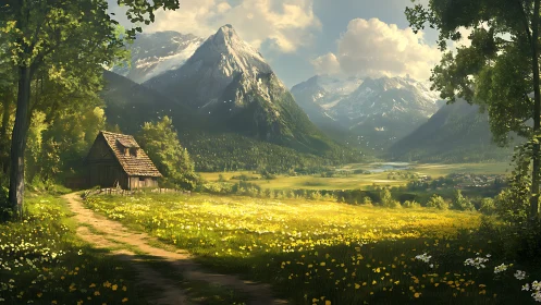Mountain valley meadow with rustic cabin under warm light.