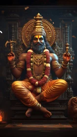 Divine seated deity in ornate temple with vivid garlands.