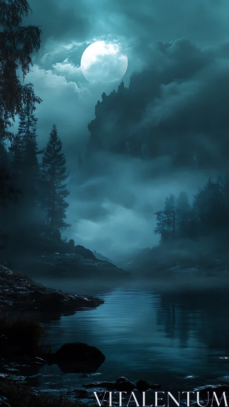 Moonlit misty lake below towering haunted cliff castle.
