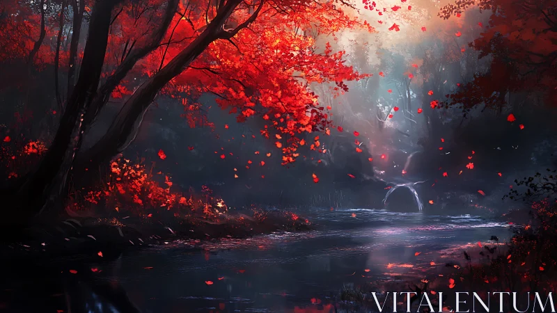 Luminous red forest canopy frames misted river and distant portal