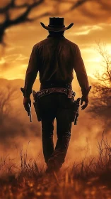 Lone gunslinger silhouetted in blazing Western sunset.
