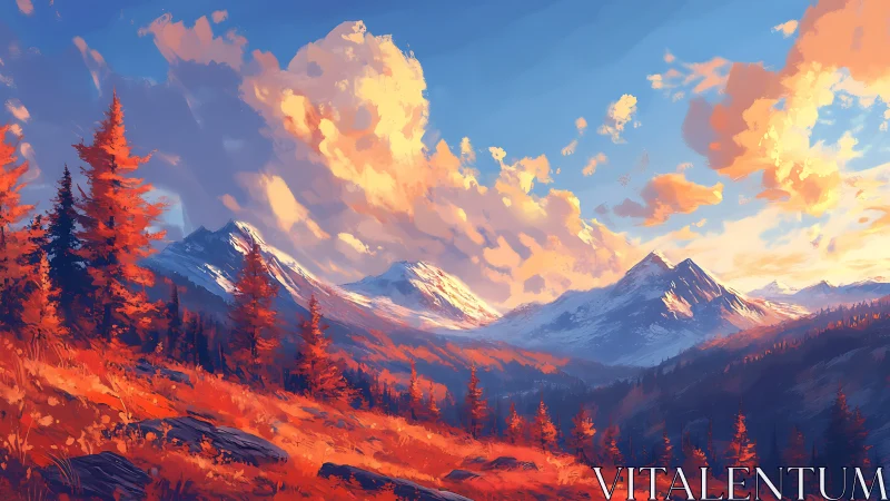 Sunlit alpine peaks rise above fiery autumn valley panorama.