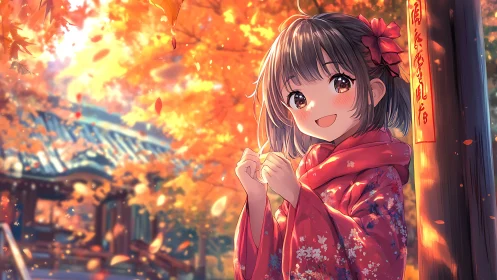 Warm backlit anime portrait in autumn shrine environment