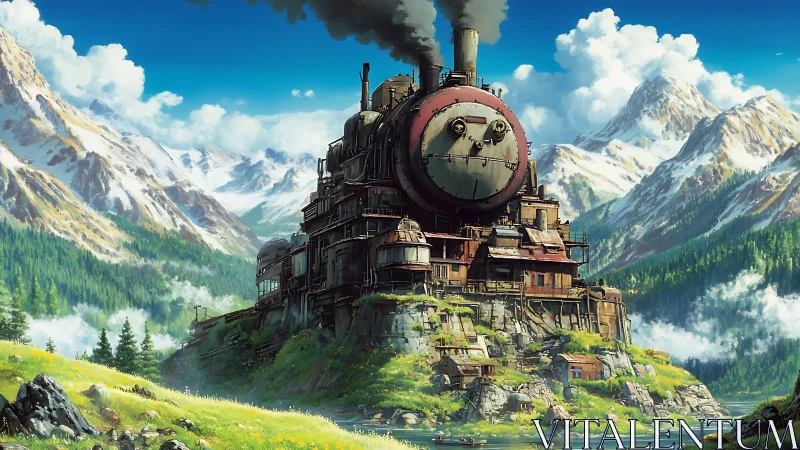 Mountain valley train fortress under clear blue sky.