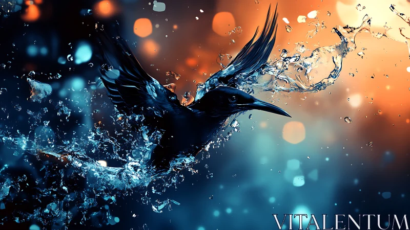 Water-sculpted raven rising through glowing twilight spray.