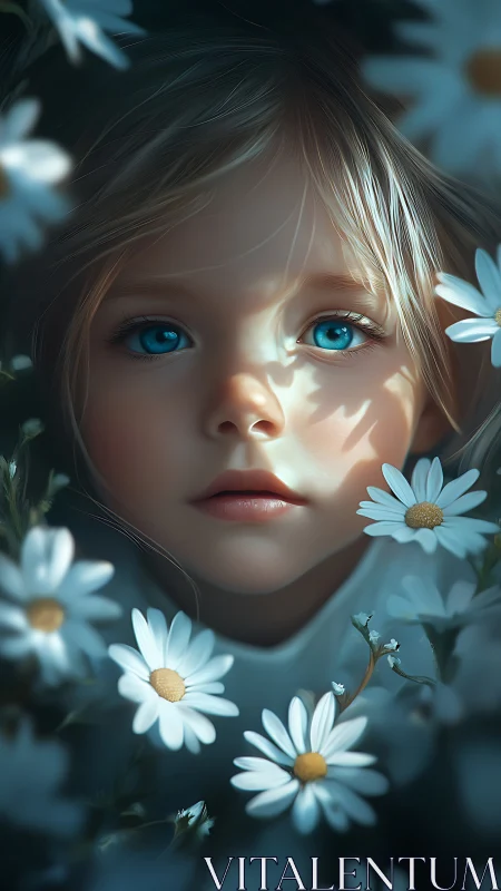Luminous Wonder: Child Gazes Through Daisy Dreams
