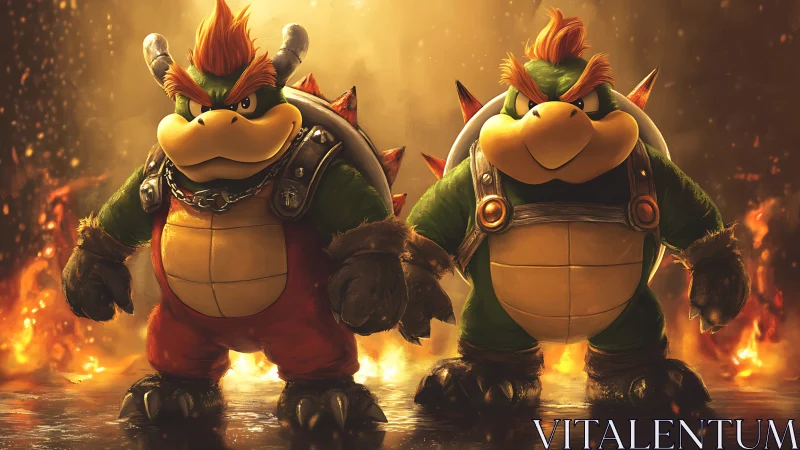 Fiery turtle duo posing proudly in glowing lava light.