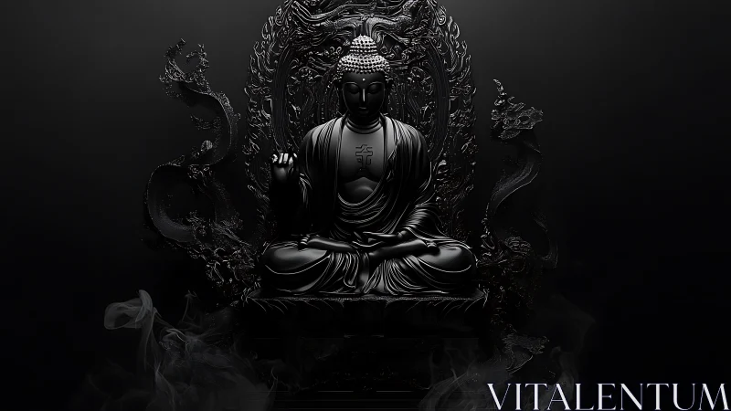 Monochrome 3D Buddha statue emerges from shadowed baroque throne