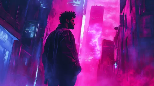 Silhouetted figure in neon lit futuristic urban alleyway.