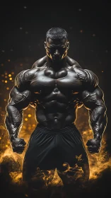 Digital hyperreal bodybuilder framed by molten light clouds.