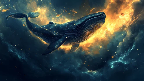 Cosmic whale glides through blazing nebula clouds